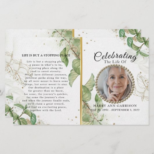 Elegant Greenery Celebration of Life Programme (Voorkant / Achterkant)