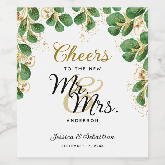 Elegant Greenery Cheers tegen Mr en Mrs Wedding Wijn Etiket (Enkel label)