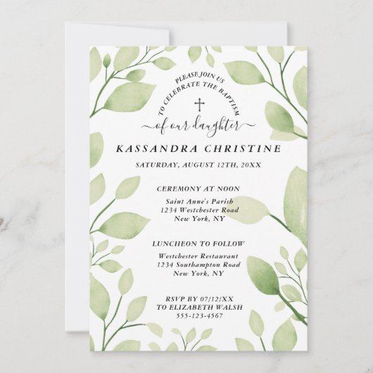 Elegant Greenery Christelijk Cross Invitation Kaart (Voorkant)
