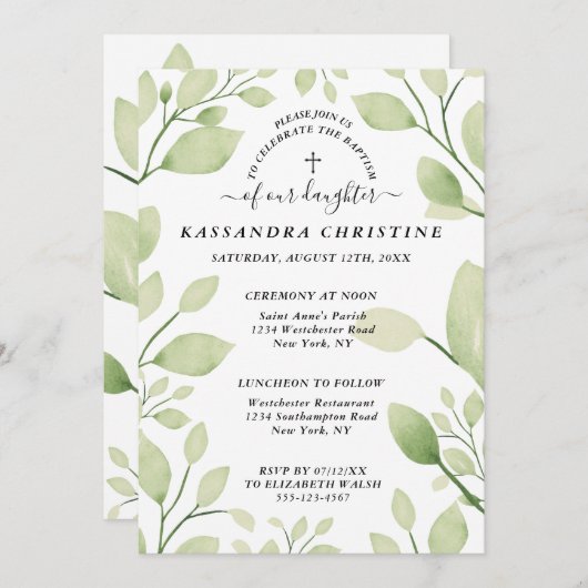 Elegant Greenery Christelijk Cross Invitation Kaart (Voorkant / Achterkant)