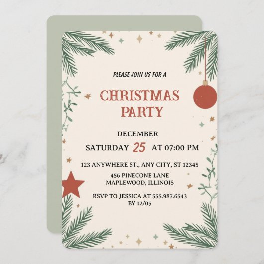 Elegant Greenery Christmas Party Invitation Card Kaart (Voorkant / Achterkant)