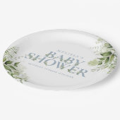 Elegant Greenery Dusty Blue Baby shower Papieren Bordje (Gekanteld)