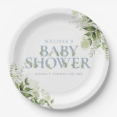 Elegant Greenery Dusty Blue Baby shower Papieren Bordje (Voorkant)