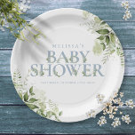 Elegant Greenery Dusty Blue Baby shower Papieren Bordje<br><div class="desc">Een elegant baby shower papier bord met stoffige blauwe typografie en  botanische groenery foliage. Ontworpen door: Thisnotme©</div>