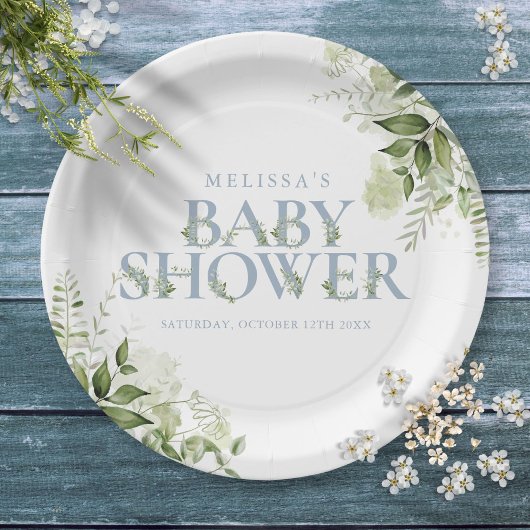 Elegant Greenery Dusty Blue Baby shower Papieren Bordje