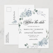 Elegant Greenery Dusty Blue Floral Save the Date Aankondigingskaart (Voorkant / Achterkant)