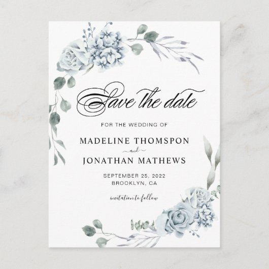 Elegant Greenery Dusty Blue Floral Save the Date Aankondigingskaart (Voorkant)