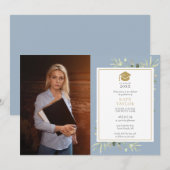 Elegant Greenery Dusty Blue Graduy Party Foto Kaart (Voorkant / Achterkant)