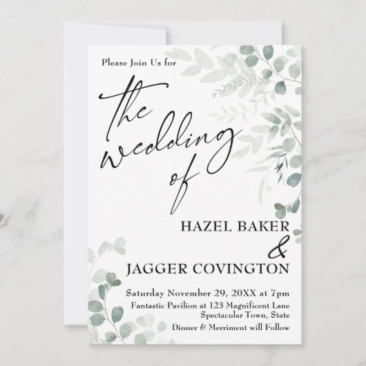 Elegant Greenery Eenvoudige Typografie Het huwelij Kaart (Voorkant)