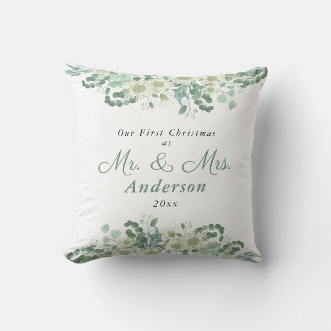 Elegant Greenery Eerste Kerstmis als Mr. en mevrou Kussen (Voorkant)