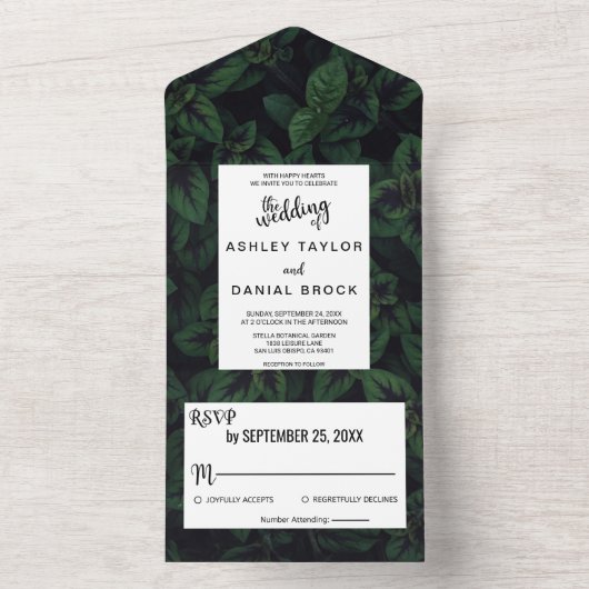 Elegant greenery emerald green floral all in one uitnodiging (Binnen)