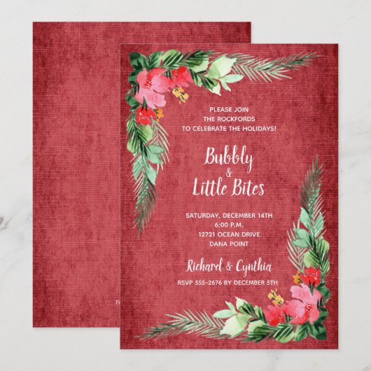 Elegant Greenery en Floral Red Kerstmis Invites (Voorkant / Achterkant)