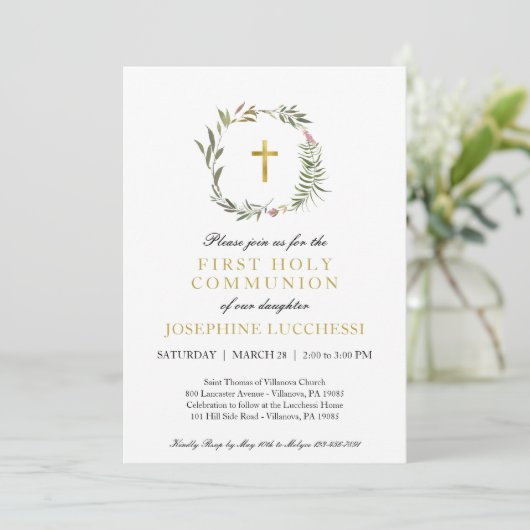 Elegant Greenery en Gold Foil Baptisme Commune I Kaart (Staand voorkant)