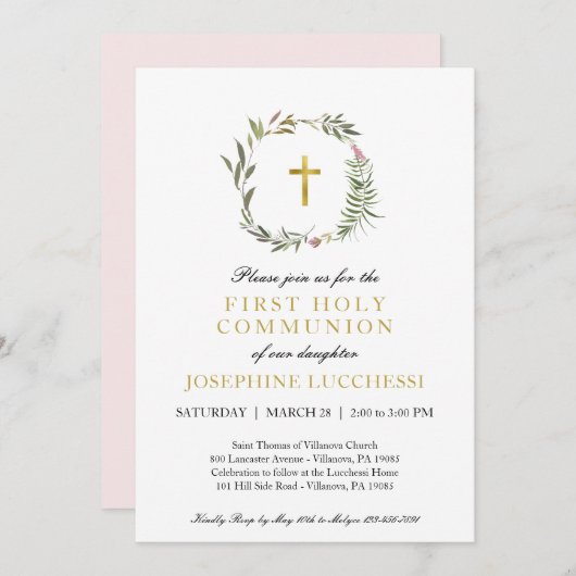 Elegant Greenery en Gold Foil Baptisme Commune I Kaart (Voorkant / Achterkant)