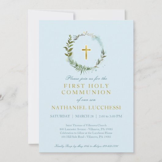 Elegant Greenery en Gold Foil Baptisme Commune Kaart (Voorkant)