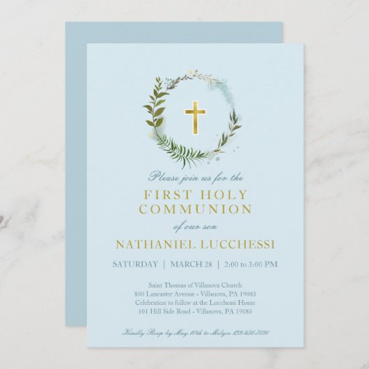 Elegant Greenery en Gold Foil Baptisme Commune Kaart (Voorkant / Achterkant)