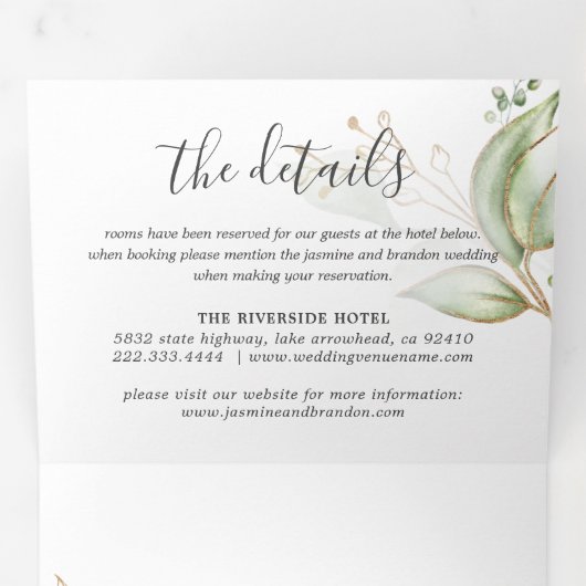 Elegant Greenery en Gold Wedding all in one Drieluik Uitnodiging (Binnenzijde eerst)