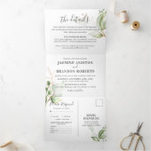 Elegant Greenery en Gold Wedding all in one Drieluik Uitnodiging (Binnen)