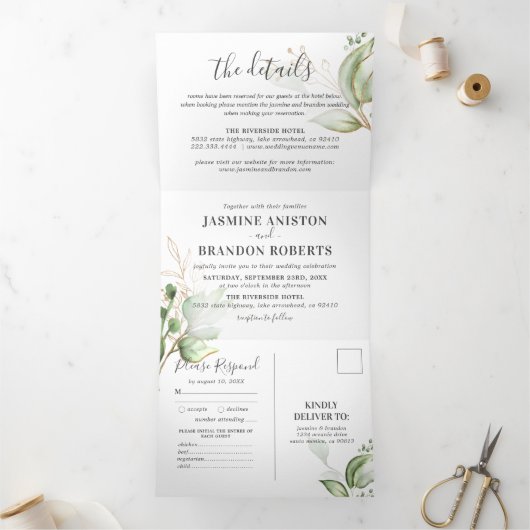 Elegant Greenery en Gold Wedding all in one Drieluik Uitnodiging (Binnen)