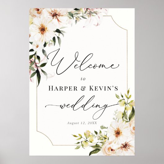 Elegant Greenery en Ivory Florals Wedding Welcome Poster (Voorkant)