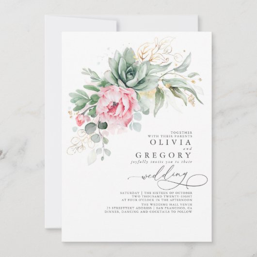 Elegant Greenery en Pink Flowers Wedding Kaart (Voorkant)