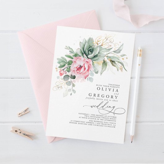 Elegant Greenery en Pink Flowers Wedding Kaart