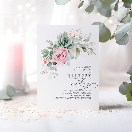 Elegant Greenery en Pink Flowers Wedding Kaart