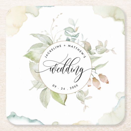 Elegant Greenery en Waterverf Stains, Wedding Kartonnen Onderzetters (Voorkant)