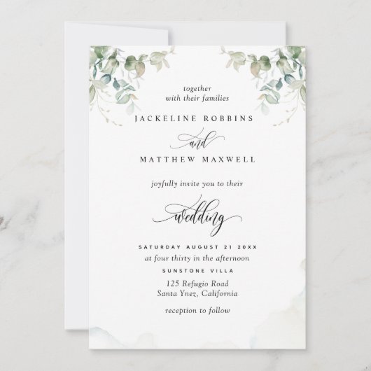 Elegant Greenery en Waterverf Wedding Kaart (Voorkant)