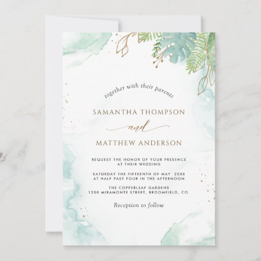 Elegant Greenery en Waterverf Wedding Kaart (Voorkant)