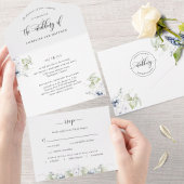 Elegant Greenery en White, Blue Floral All In One Uitnodiging