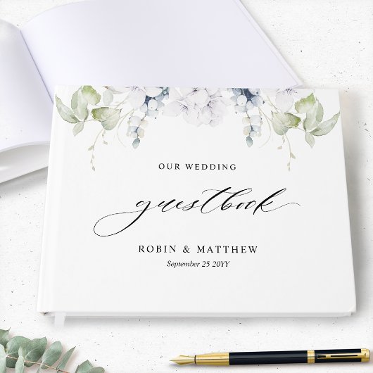 Elegant Greenery en White Blue Floral Wedding Gastenboek