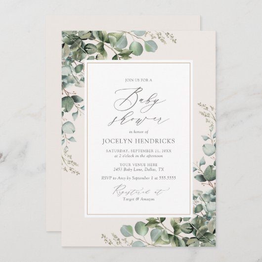 Elegant Greenery Eucalyptus Baby shower Kaart (Voorkant / Achterkant)