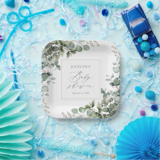 Elegant Greenery Eucalyptus Baby shower Papieren Bordje (Feest)