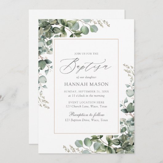 Elegant Greenery Eucalyptus Baptisme Kaart (Voorkant / Achterkant)