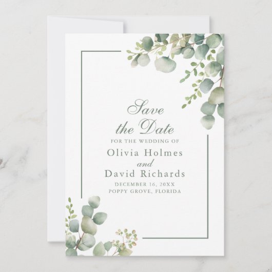 Elegant Greenery Eucalyptus Botanical Wedding Save The Date (Voorkant)