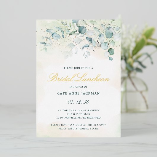 Elegant Greenery Eucalyptus Bridal Luncheon Gold Folie Uitnodiging (Staand Voorkant)