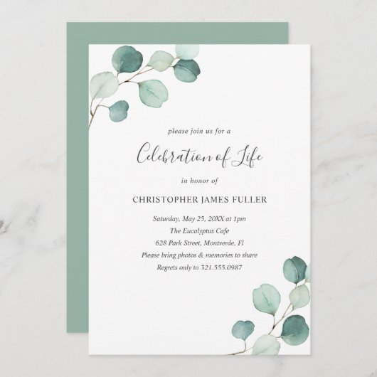 Elegant Greenery Eucalyptus Celebration of Life Kaart (Voorkant / Achterkant)