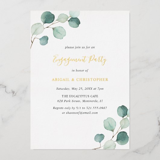 Elegant Greenery Eucalyptus Engagement Party Gold Folie Uitnodiging (Voorkant)