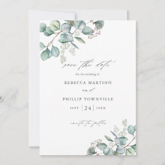 Elegant Greenery Eucalyptus Foto bruiloft Save The Date (Voorkant)