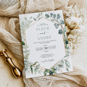 Elegant Greenery Eucalyptus Geometric Gold Wedding Kaart
