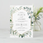 Elegant Greenery Eucalyptus Geometric Gold Wedding Kaart (Staand voorkant)