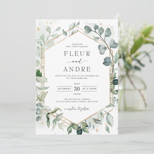 Elegant Greenery Eucalyptus Geometric Gold Wedding Kaart (Staand voorkant)