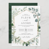 Elegant Greenery Eucalyptus Geometric Gold Wedding Kaart (Voorkant / Achterkant)