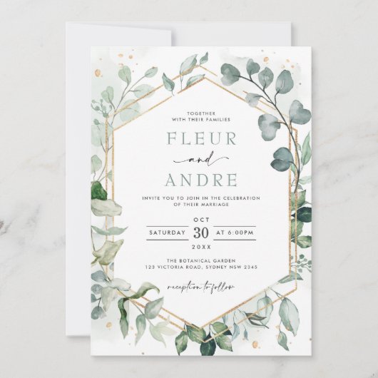 Elegant Greenery Eucalyptus Geometric Gold Wedding Kaart (Voorkant)