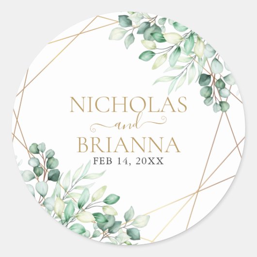 Elegant Greenery Eucalyptus Gold Geometric Wedding Ronde Sticker (Voorkant)