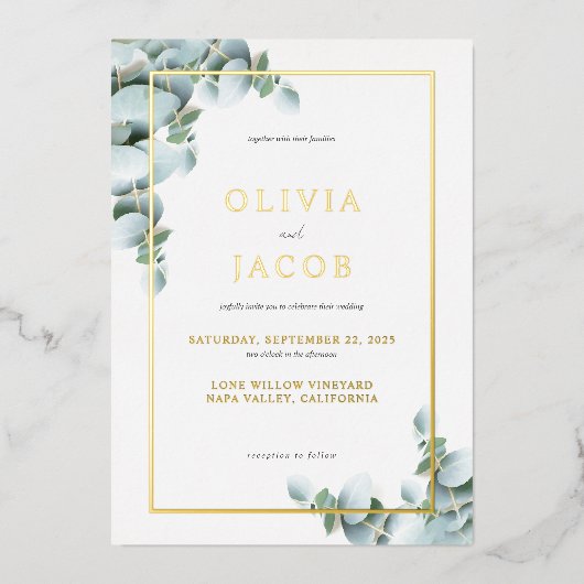 Elegant Greenery Eucalyptus Gold Wedding Folie Uitnodiging (Voorkant)