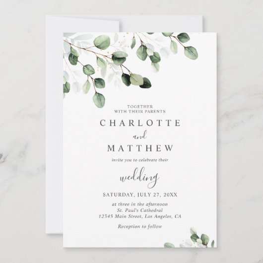 Elegant Greenery Eucalyptus Gold Wedding Kaart (Voorkant)