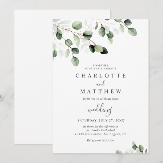 Elegant Greenery Eucalyptus Gold Wedding Kaart (Voorkant / Achterkant)