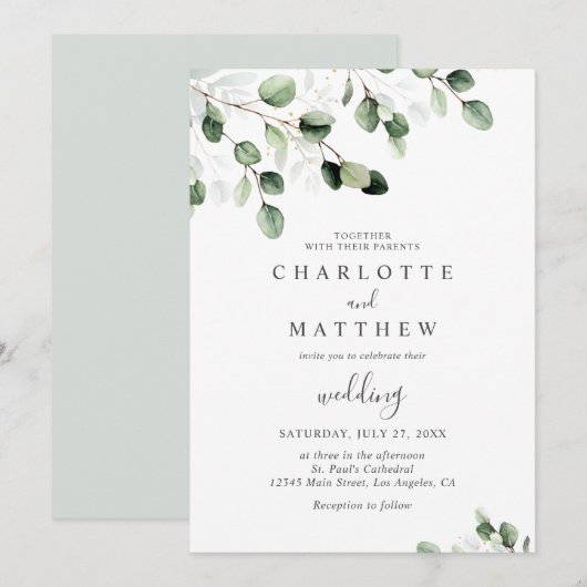 Elegant Greenery Eucalyptus Gold Wedding Kaart (Voorkant / Achterkant)